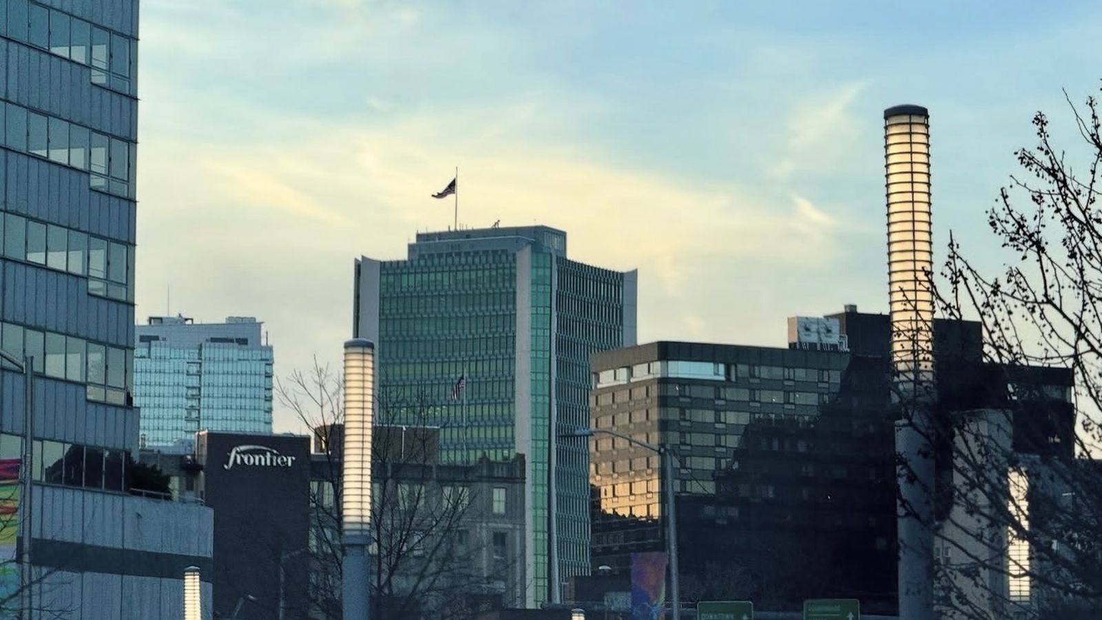 Downtown Stamford, CT skyline at dusk with One Stamford Forum and the Frontier building