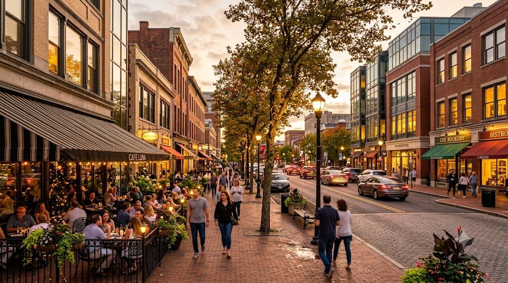 Golden-hour streetscape evoking walkable Downtown Stamford, CT