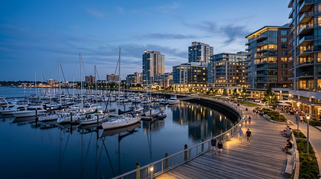 Blue-hour waterfront marina evoking the South End / Harbor Point district of Stamford, CT
