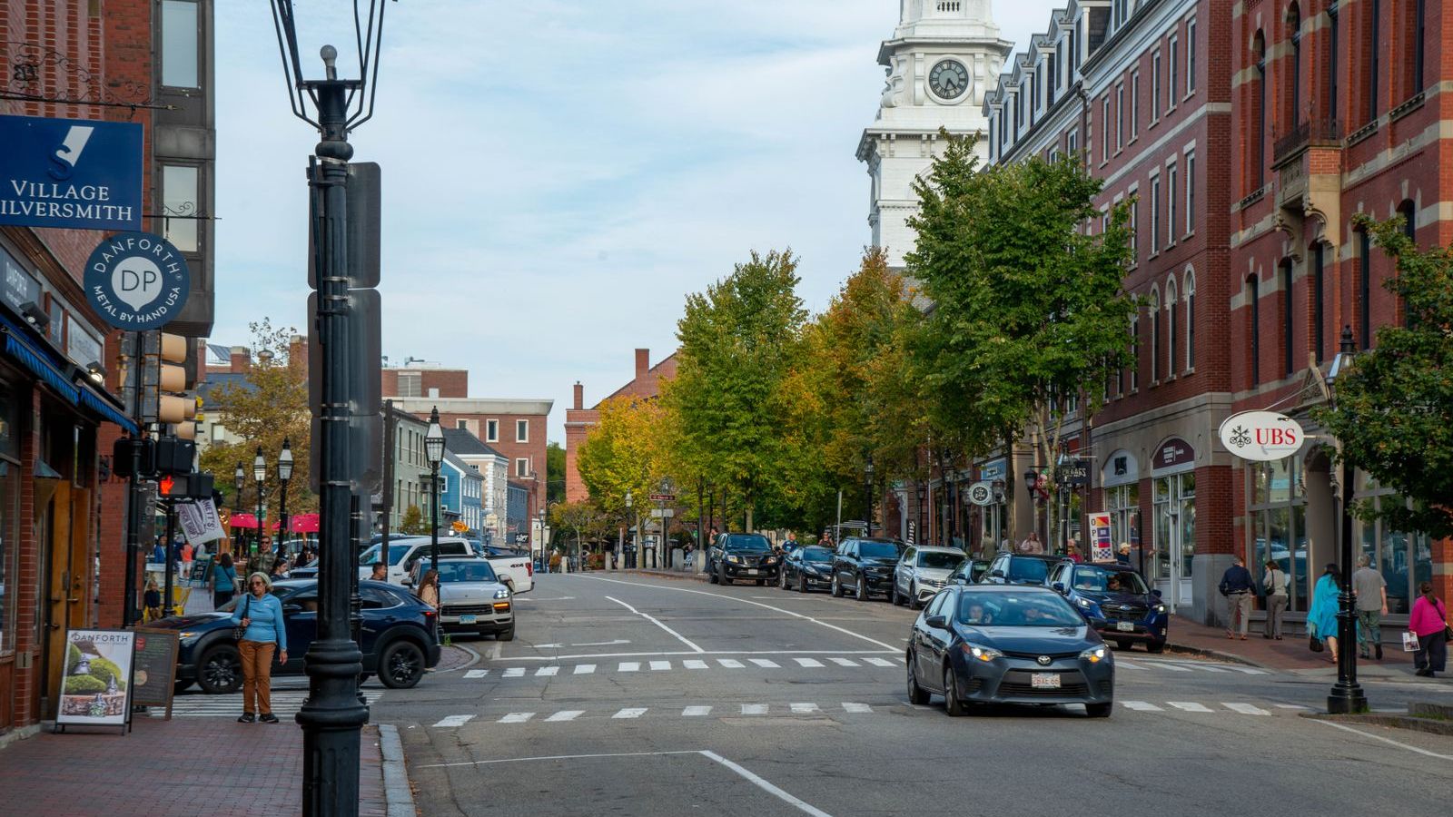 New England village main street with shops, representative of Springdale, Stamford CT