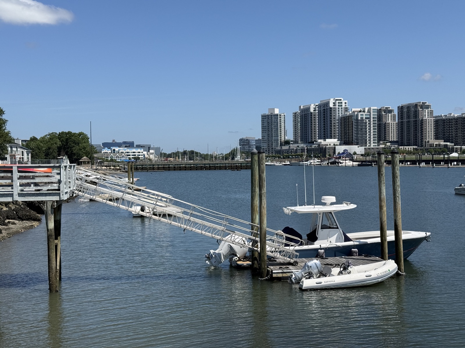 Boats docked at Stamford Harbor Point with the waterfront high-rises in the background on a clear summer day